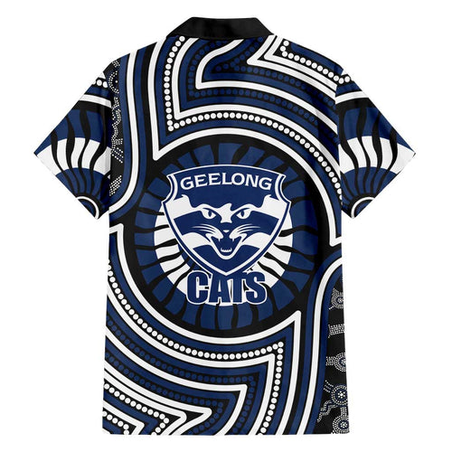 Geelong Cats Family Matching Off Shoulder Short Dress and Hawaiian Shirt Indigenous Monochrome Dot Art Mascot Style