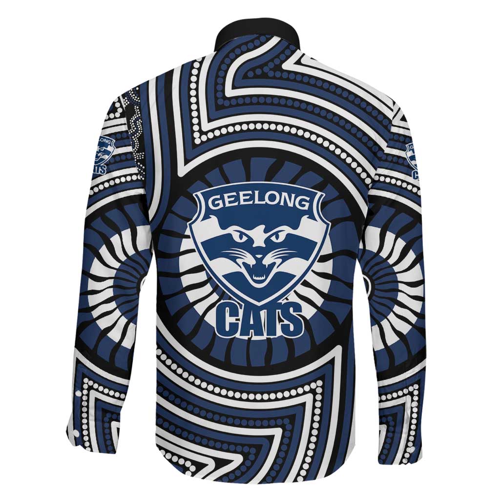 Geelong Cats Family Matching Off Shoulder Short Dress and Hawaiian Shirt Indigenous Monochrome Dot Art Mascot Style