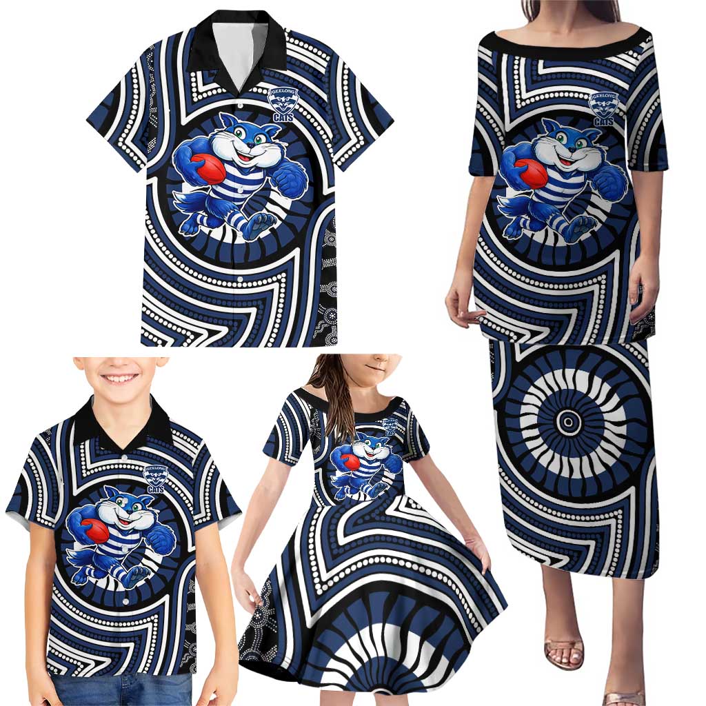 Geelong Cats Family Matching Puletasi and Hawaiian Shirt Indigenous Monochrome Dot Art Mascot Style