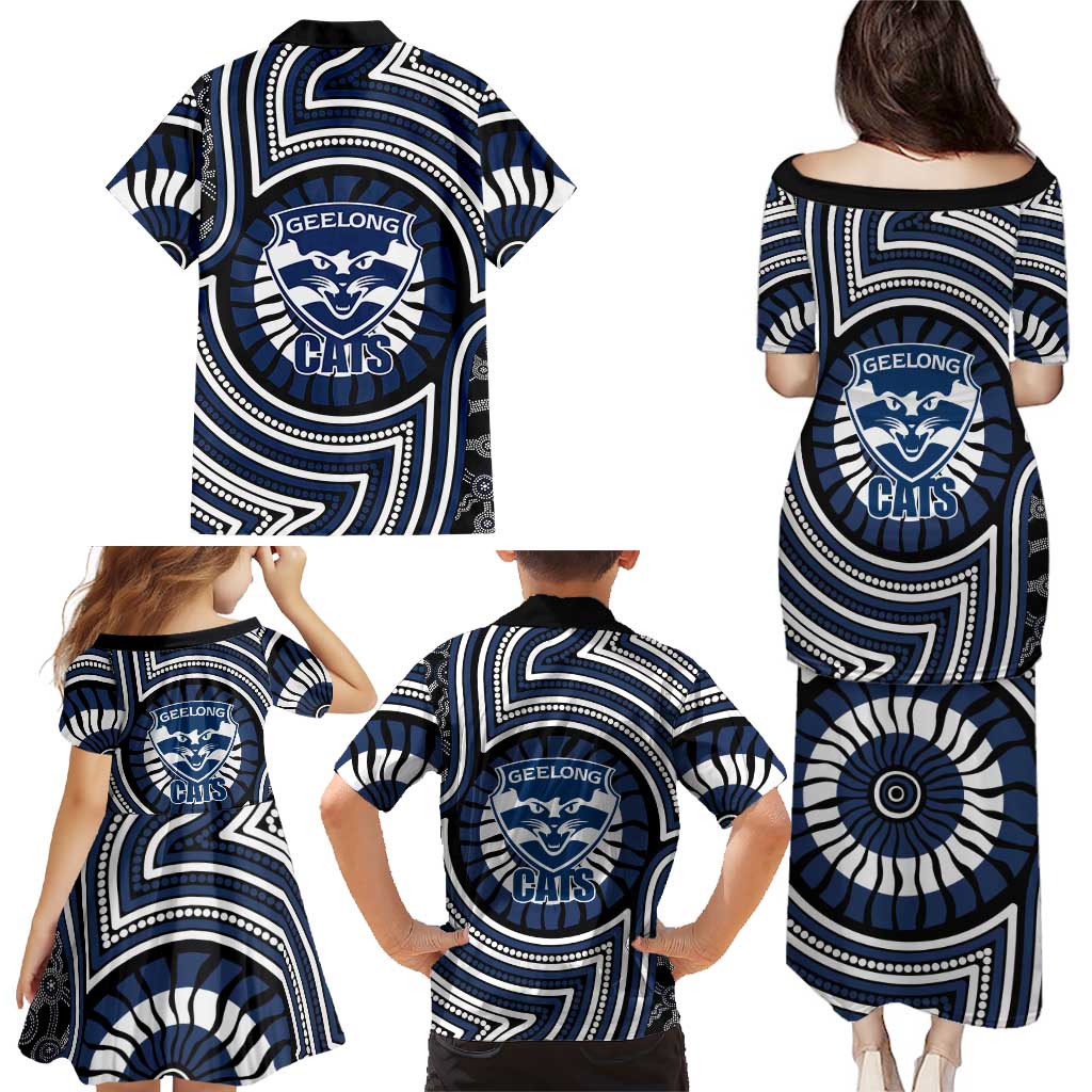 Geelong Cats Family Matching Puletasi and Hawaiian Shirt Indigenous Monochrome Dot Art Mascot Style
