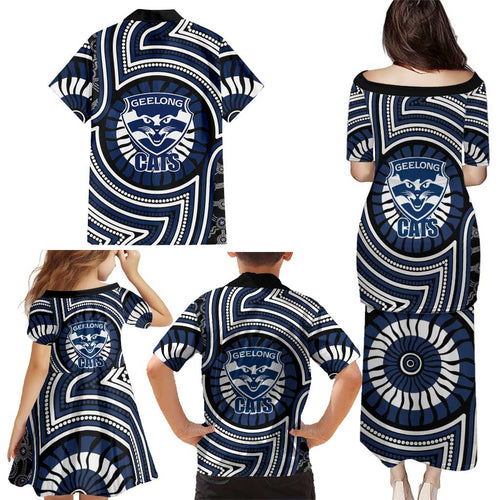 Geelong Cats Family Matching Puletasi and Hawaiian Shirt Indigenous Monochrome Dot Art Mascot Style