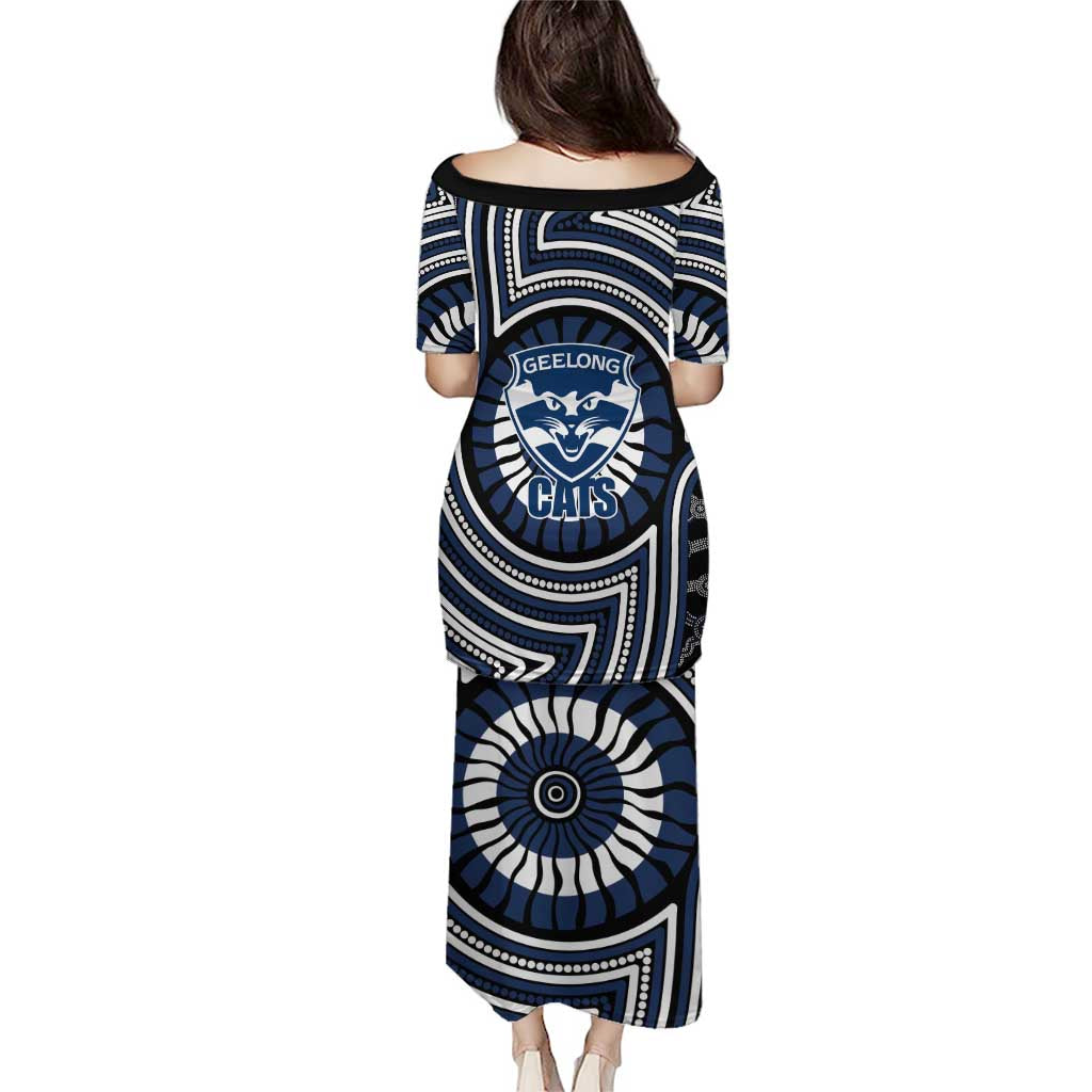 Geelong Cats Family Matching Puletasi and Hawaiian Shirt Indigenous Monochrome Dot Art Mascot Style