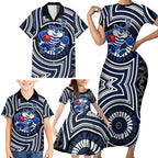 Geelong Cats Family Matching Short Sleeve Bodycon Dress and Hawaiian Shirt Indigenous Monochrome Dot Art Mascot Style