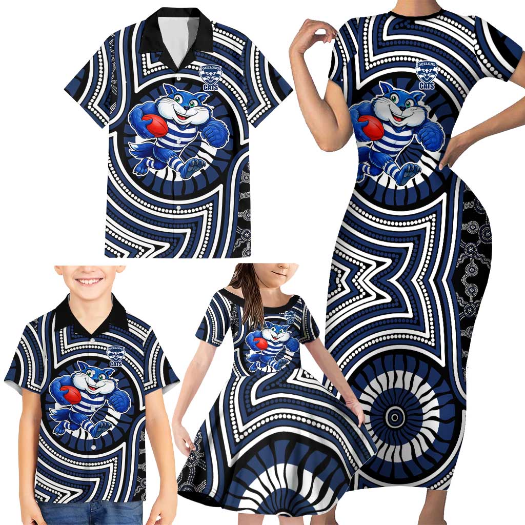 Geelong Cats Family Matching Short Sleeve Bodycon Dress and Hawaiian Shirt Indigenous Monochrome Dot Art Mascot Style