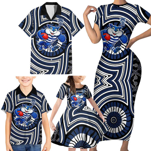 Geelong Cats Family Matching Short Sleeve Bodycon Dress and Hawaiian Shirt Indigenous Monochrome Dot Art Mascot Style