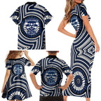Geelong Cats Family Matching Short Sleeve Bodycon Dress and Hawaiian Shirt Indigenous Monochrome Dot Art Mascot Style