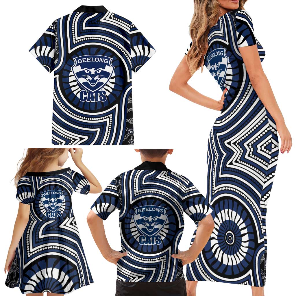 Geelong Cats Family Matching Short Sleeve Bodycon Dress and Hawaiian Shirt Indigenous Monochrome Dot Art Mascot Style