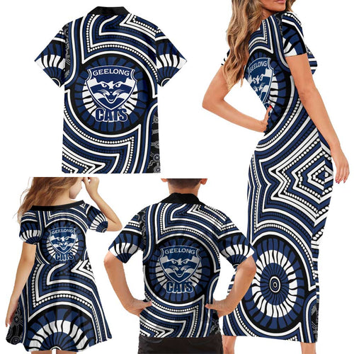 Geelong Cats Family Matching Short Sleeve Bodycon Dress and Hawaiian Shirt Indigenous Monochrome Dot Art Mascot Style