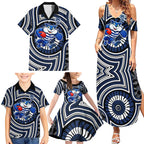 Geelong Cats Family Matching Summer Maxi Dress and Hawaiian Shirt Indigenous Monochrome Dot Art Mascot Style
