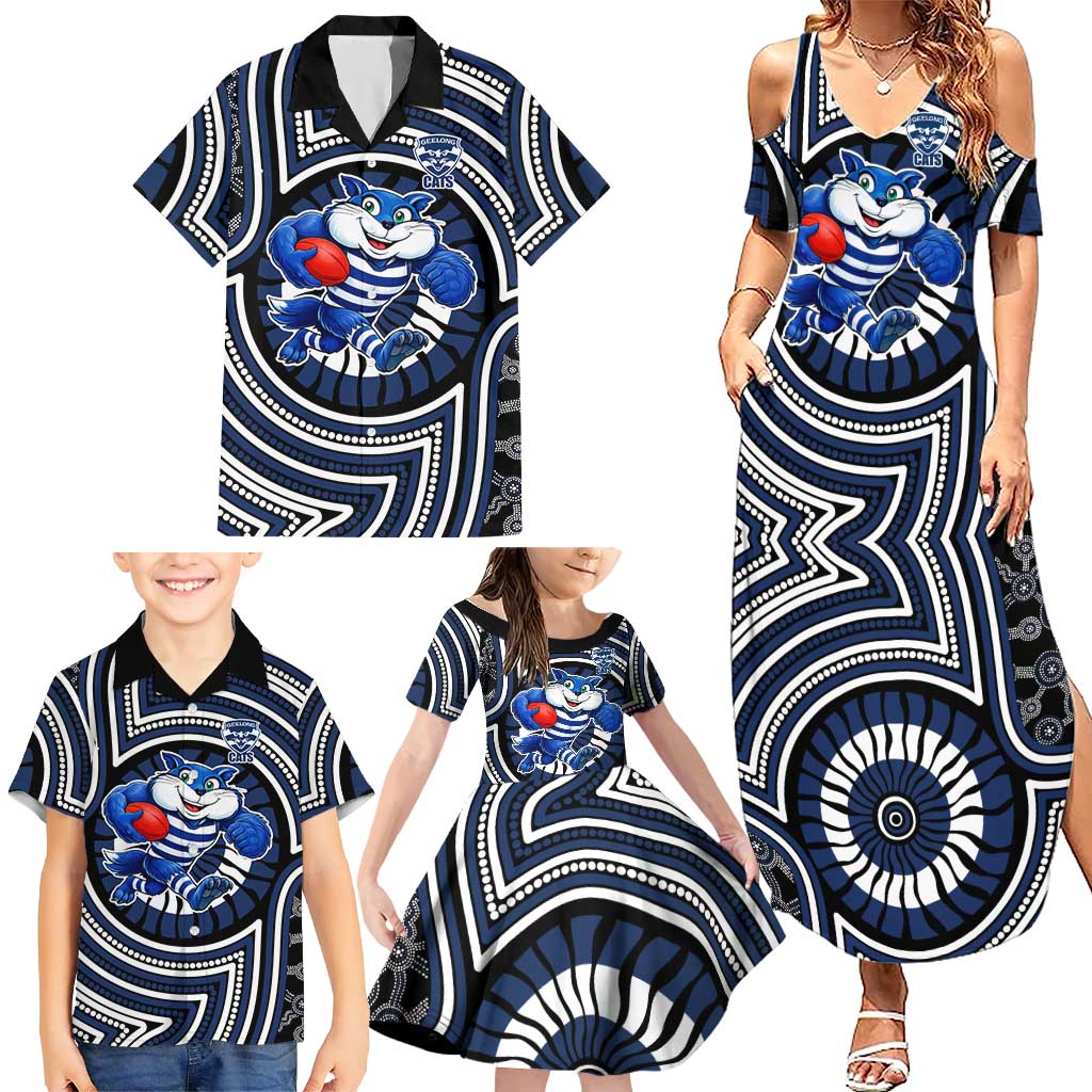 Geelong Cats Family Matching Summer Maxi Dress and Hawaiian Shirt Indigenous Monochrome Dot Art Mascot Style