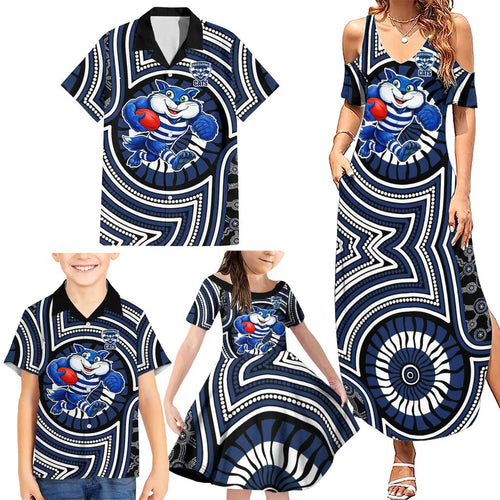 Geelong Cats Family Matching Summer Maxi Dress and Hawaiian Shirt Indigenous Monochrome Dot Art Mascot Style