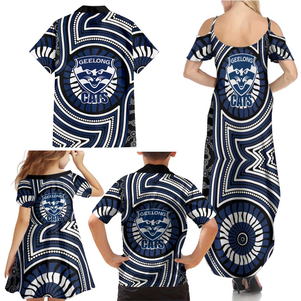 Geelong Cats Family Matching Summer Maxi Dress and Hawaiian Shirt Indigenous Monochrome Dot Art Mascot Style