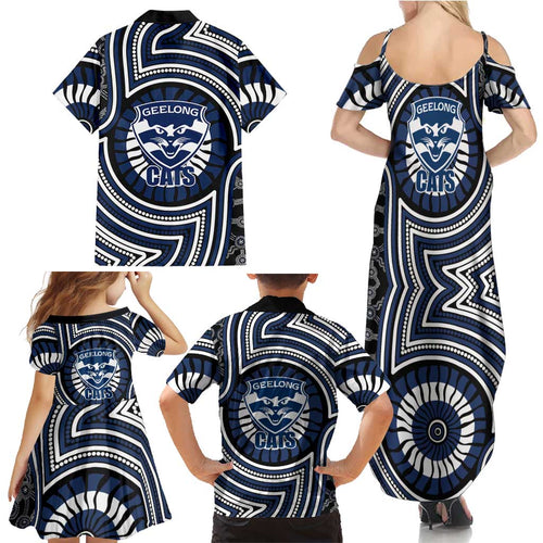 Geelong Cats Family Matching Summer Maxi Dress and Hawaiian Shirt Indigenous Monochrome Dot Art Mascot Style