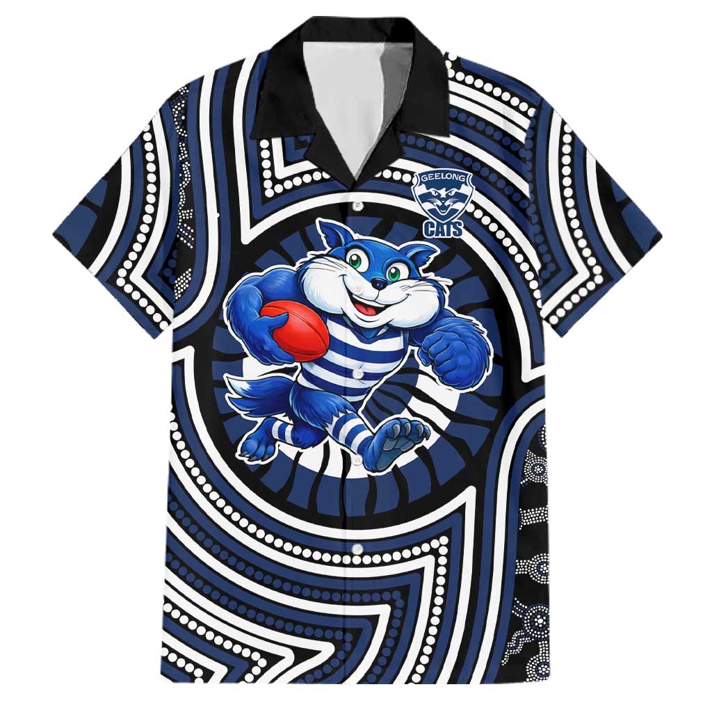Geelong Cats Family Matching Summer Maxi Dress and Hawaiian Shirt Indigenous Monochrome Dot Art Mascot Style
