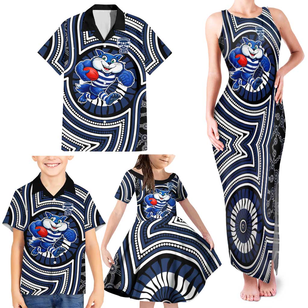 Geelong Cats Family Matching Tank Maxi Dress and Hawaiian Shirt Indigenous Monochrome Dot Art Mascot Style