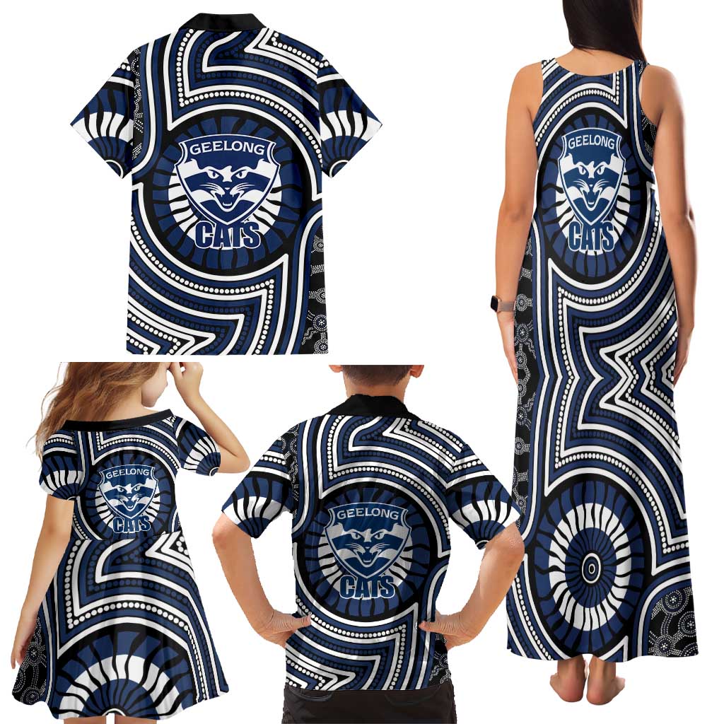 Geelong Cats Family Matching Tank Maxi Dress and Hawaiian Shirt Indigenous Monochrome Dot Art Mascot Style