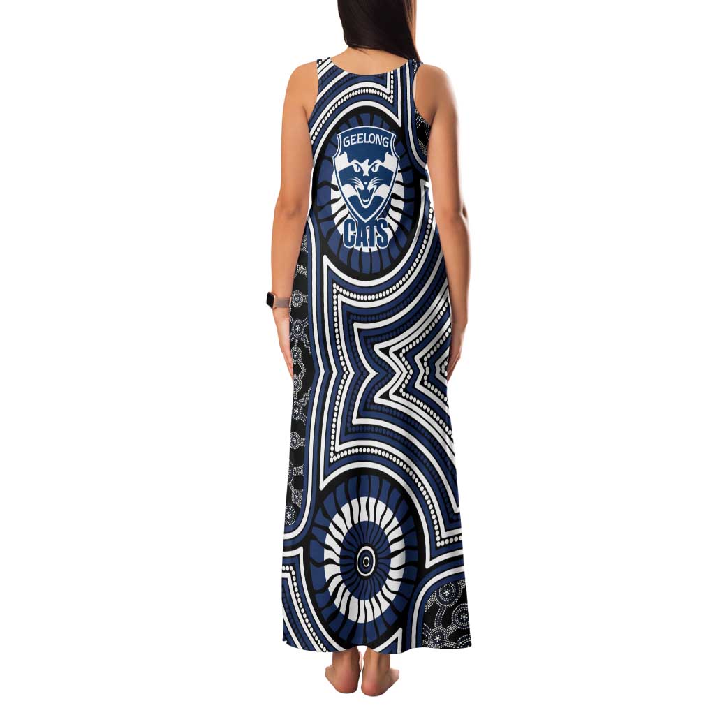 Geelong Cats Family Matching Tank Maxi Dress and Hawaiian Shirt Indigenous Monochrome Dot Art Mascot Style