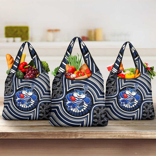 Geelong Cats Grocery Bag Indigenous Monochrome Dot Art Mascot Style