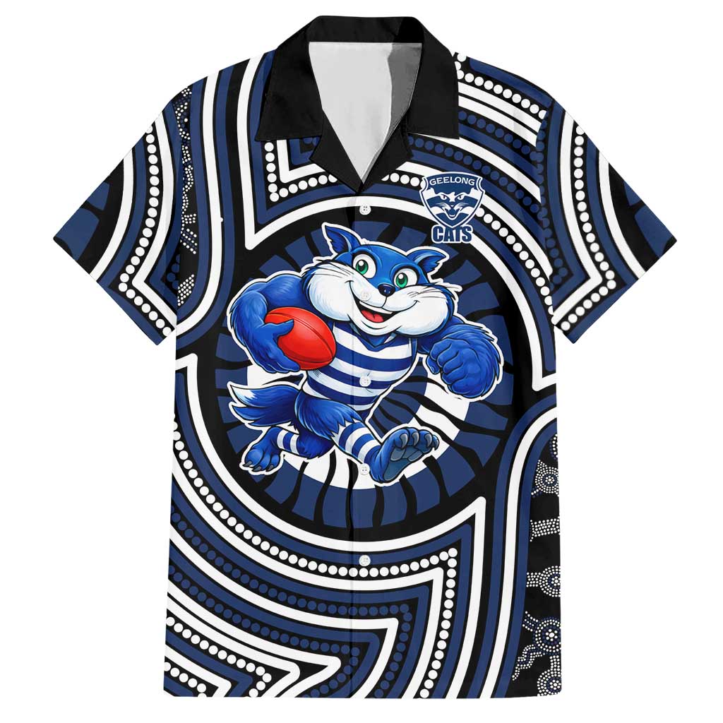 Geelong Cats Hawaiian Shirt Indigenous Monochrome Dot Art Mascot Style