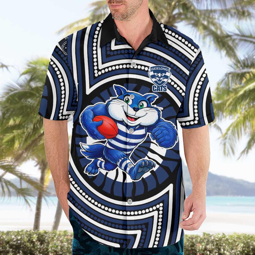 Geelong Cats Hawaiian Shirt Indigenous Monochrome Dot Art Mascot Style