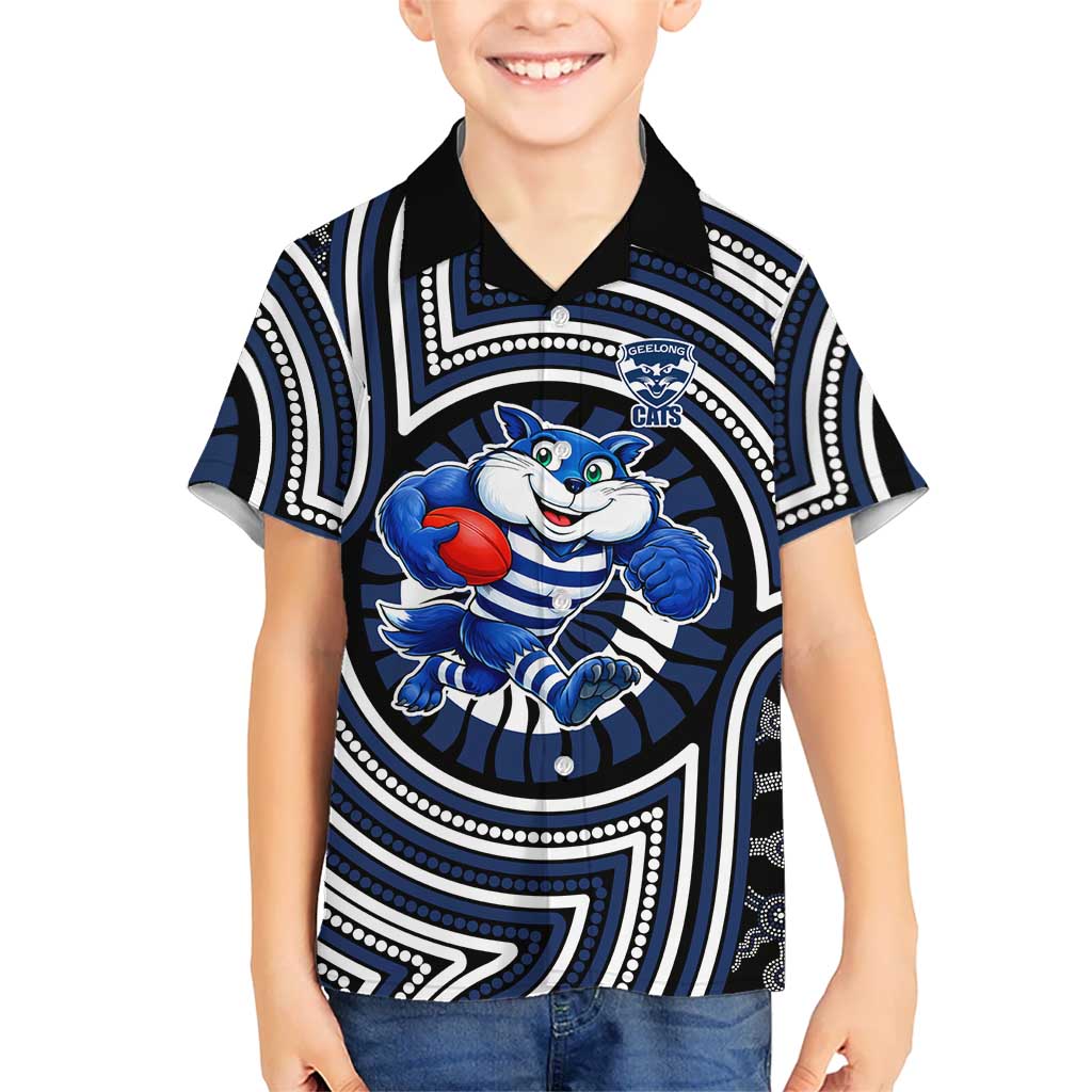 Geelong Cats Hawaiian Shirt Indigenous Monochrome Dot Art Mascot Style