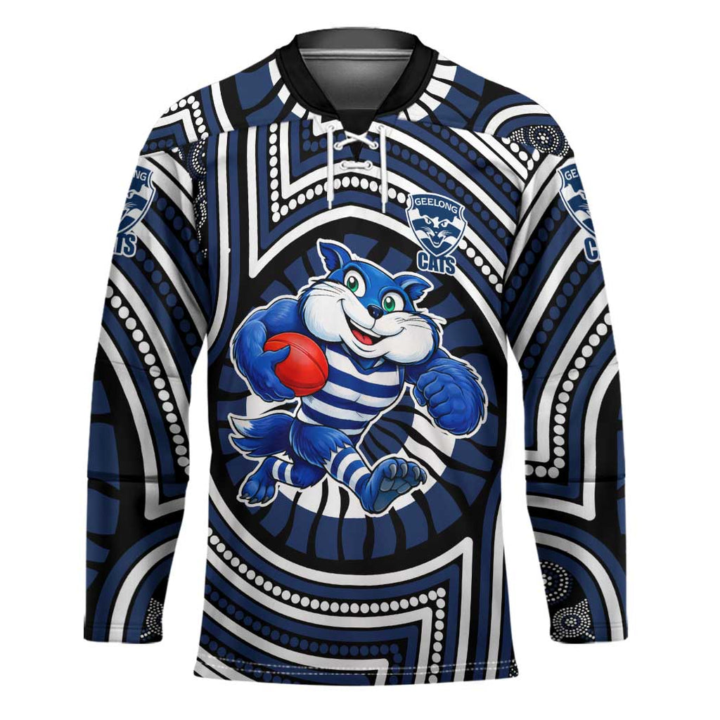 Geelong Cats Hockey Jersey Indigenous Monochrome Dot Art Mascot Style