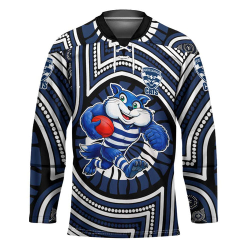 Geelong Cats Hockey Jersey Indigenous Monochrome Dot Art Mascot Style