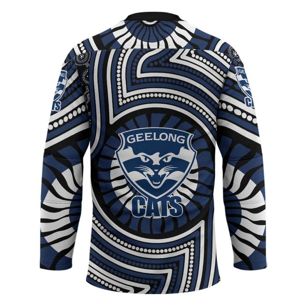 Geelong Cats Hockey Jersey Indigenous Monochrome Dot Art Mascot Style
