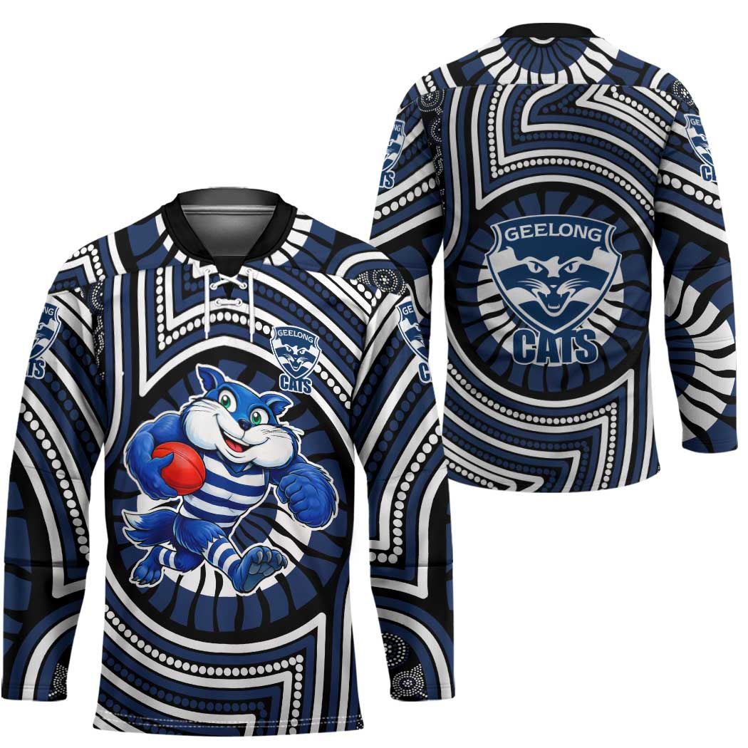 Geelong Cats Hockey Jersey Indigenous Monochrome Dot Art Mascot Style