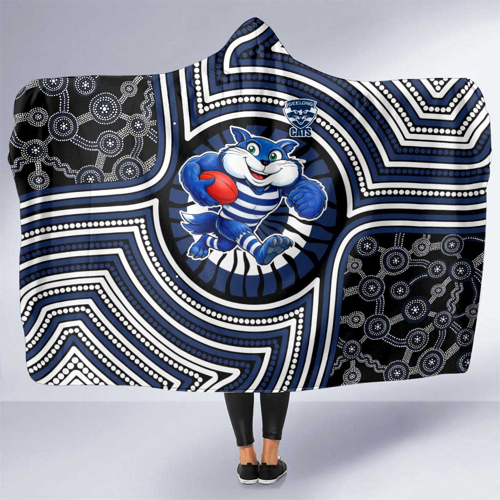 Geelong Cats Hooded Blanket Indigenous Monochrome Dot Art Mascot Style