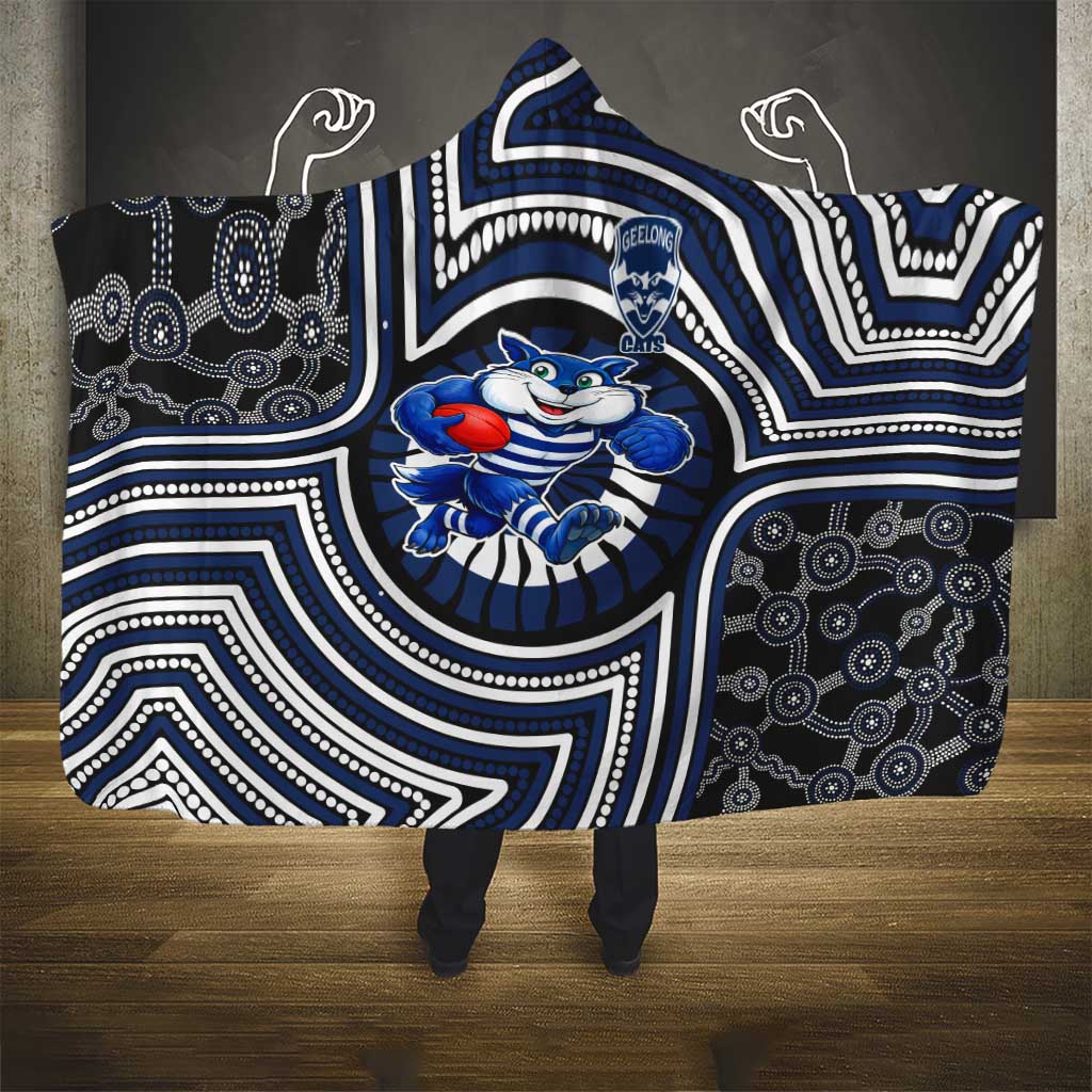 Geelong Cats Hooded Blanket Indigenous Monochrome Dot Art Mascot Style