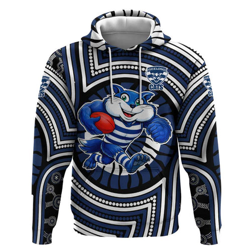 Geelong Cats Hoodie Indigenous Monochrome Dot Art Mascot Style