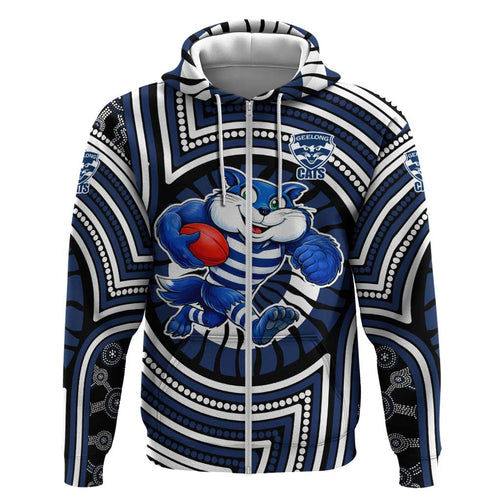 Geelong Cats Hoodie Indigenous Monochrome Dot Art Mascot Style