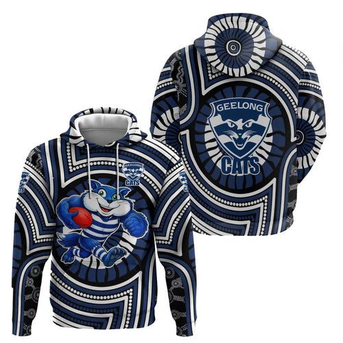 Geelong Cats Hoodie Indigenous Monochrome Dot Art Mascot Style