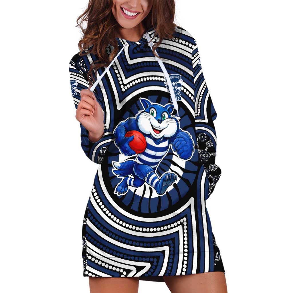 Geelong Cats Hoodie Dress Indigenous Monochrome Dot Art Mascot Style