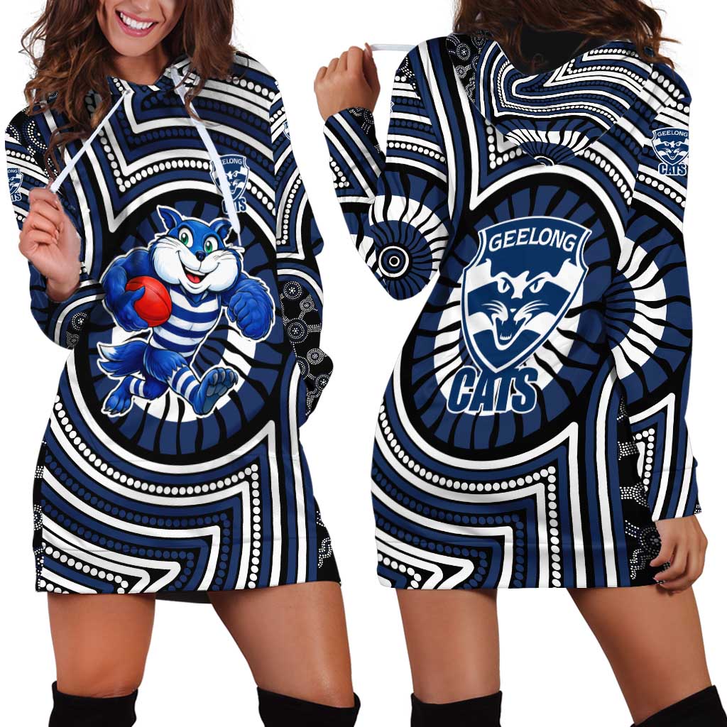 Geelong Cats Hoodie Dress Indigenous Monochrome Dot Art Mascot Style