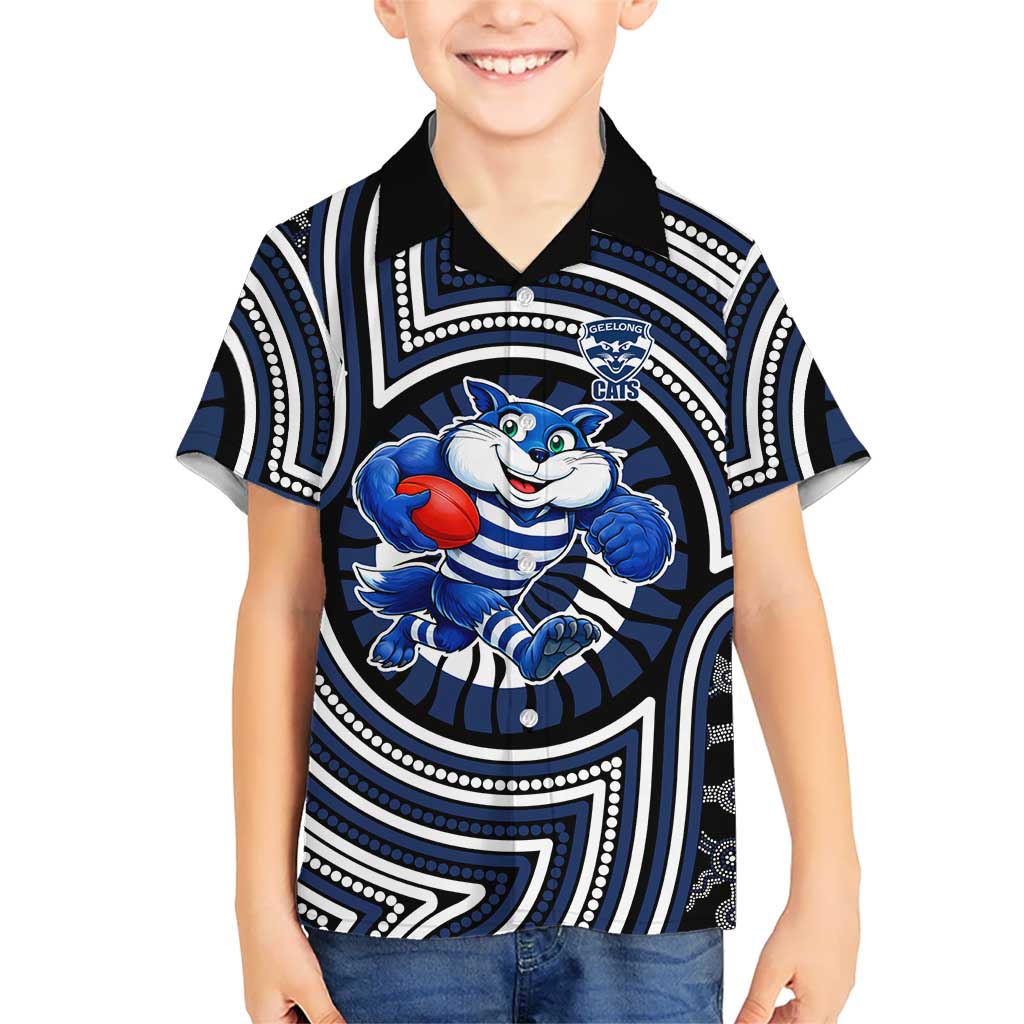 Geelong Cats Kid Hawaiian Shirt Indigenous Monochrome Dot Art Mascot Style