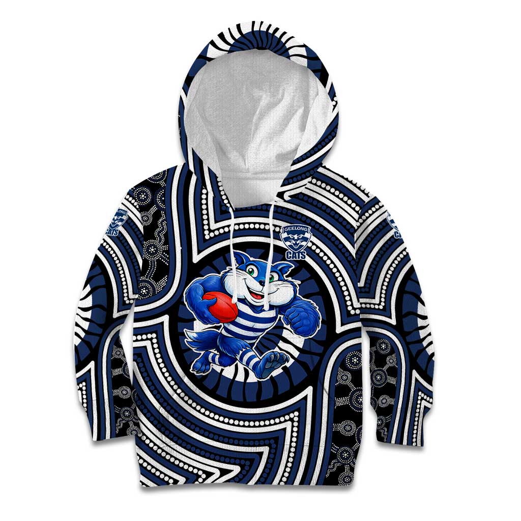 Geelong Cats Kid Hoodie Indigenous Monochrome Dot Art Mascot Style
