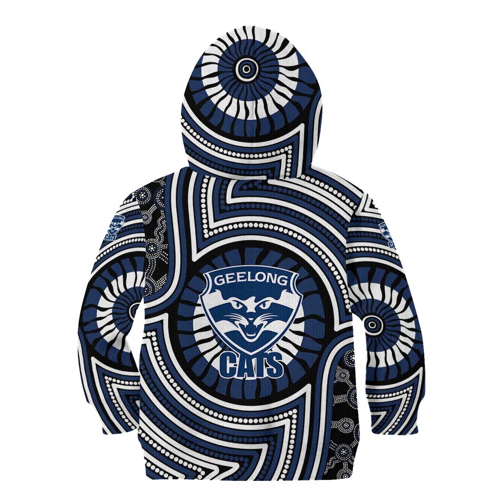 Geelong Cats Kid Hoodie Indigenous Monochrome Dot Art Mascot Style