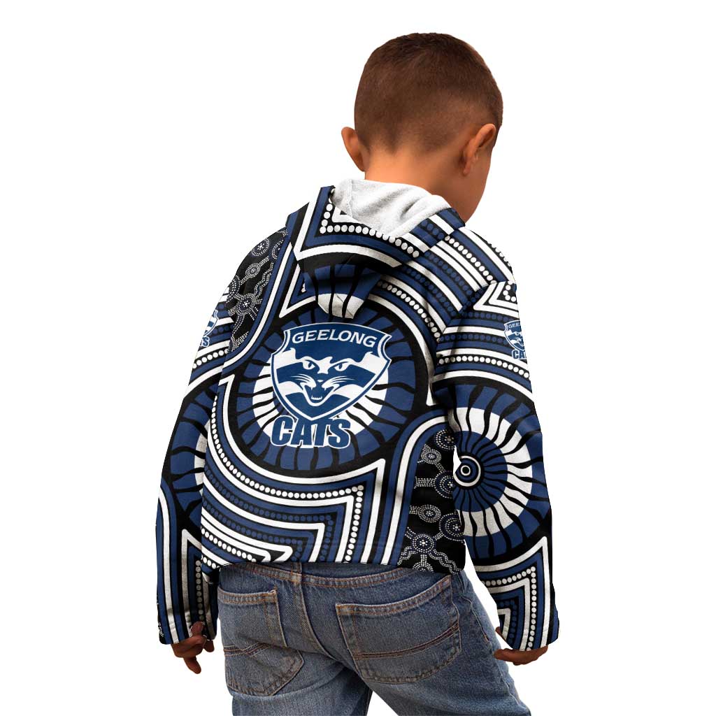 Geelong Cats Kid Hoodie Indigenous Monochrome Dot Art Mascot Style