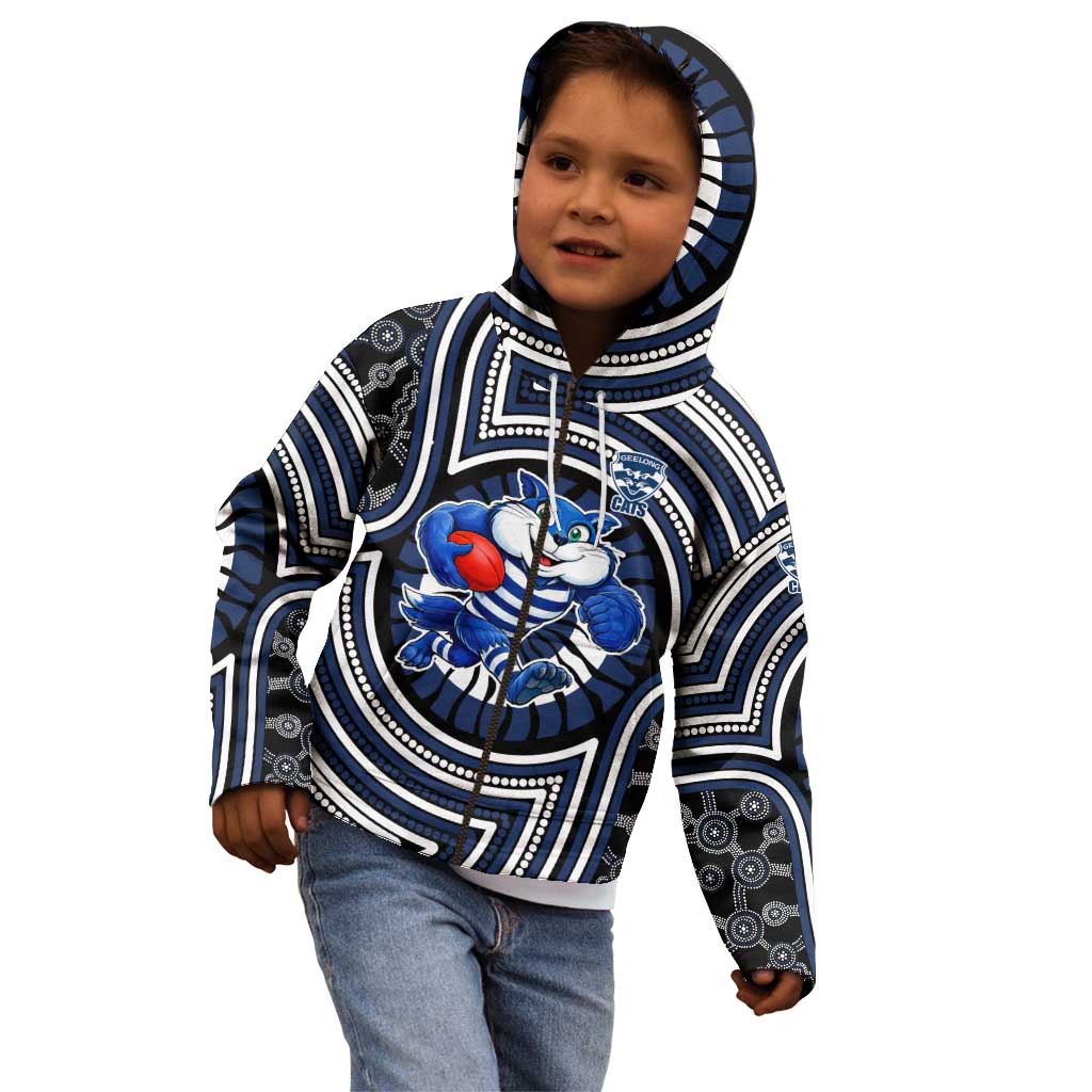 Geelong Cats Kid Hoodie Indigenous Monochrome Dot Art Mascot Style