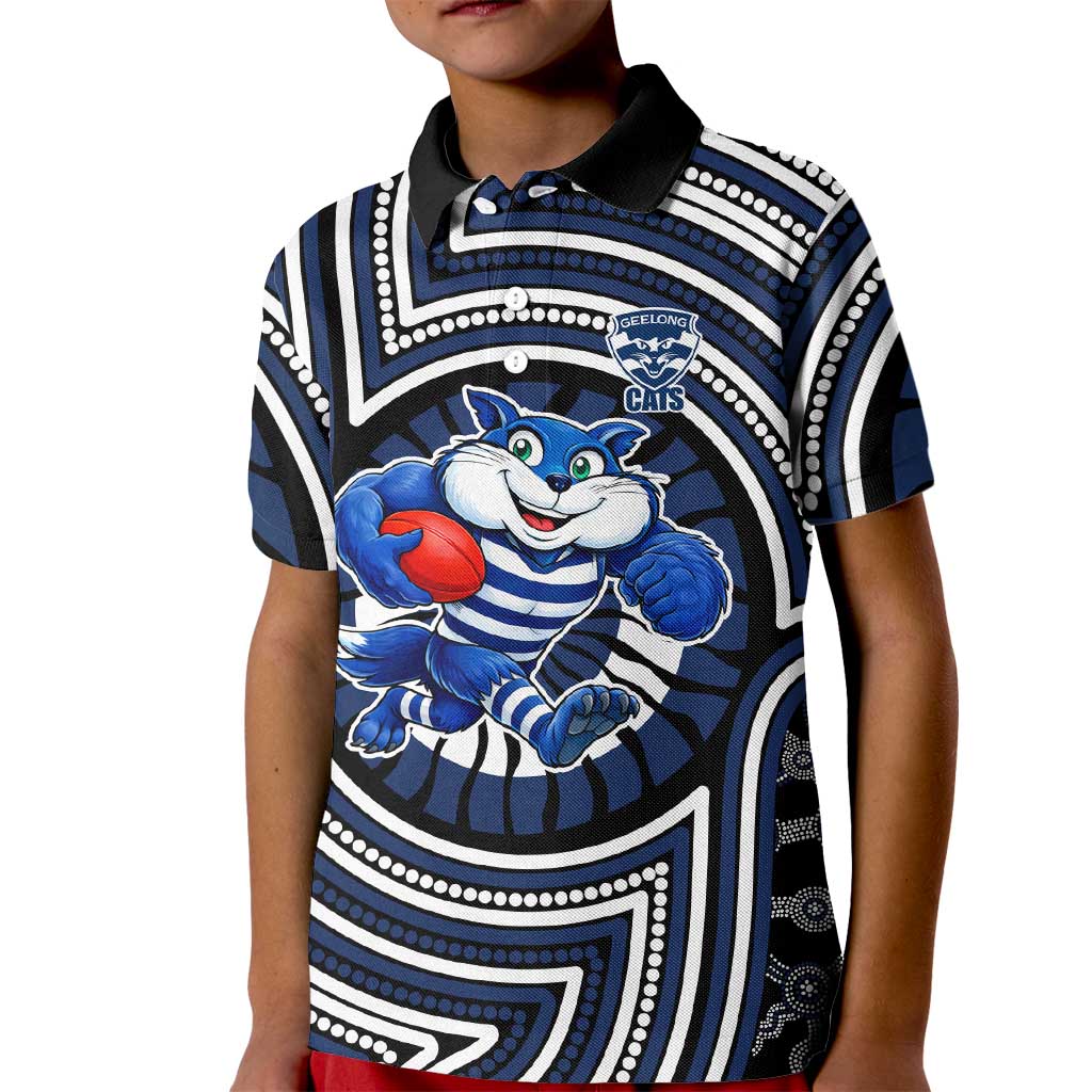 Geelong Cats Kid Polo Shirt Indigenous Monochrome Dot Art Mascot Style