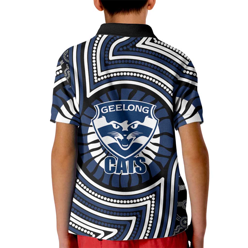 Geelong Cats Kid Polo Shirt Indigenous Monochrome Dot Art Mascot Style