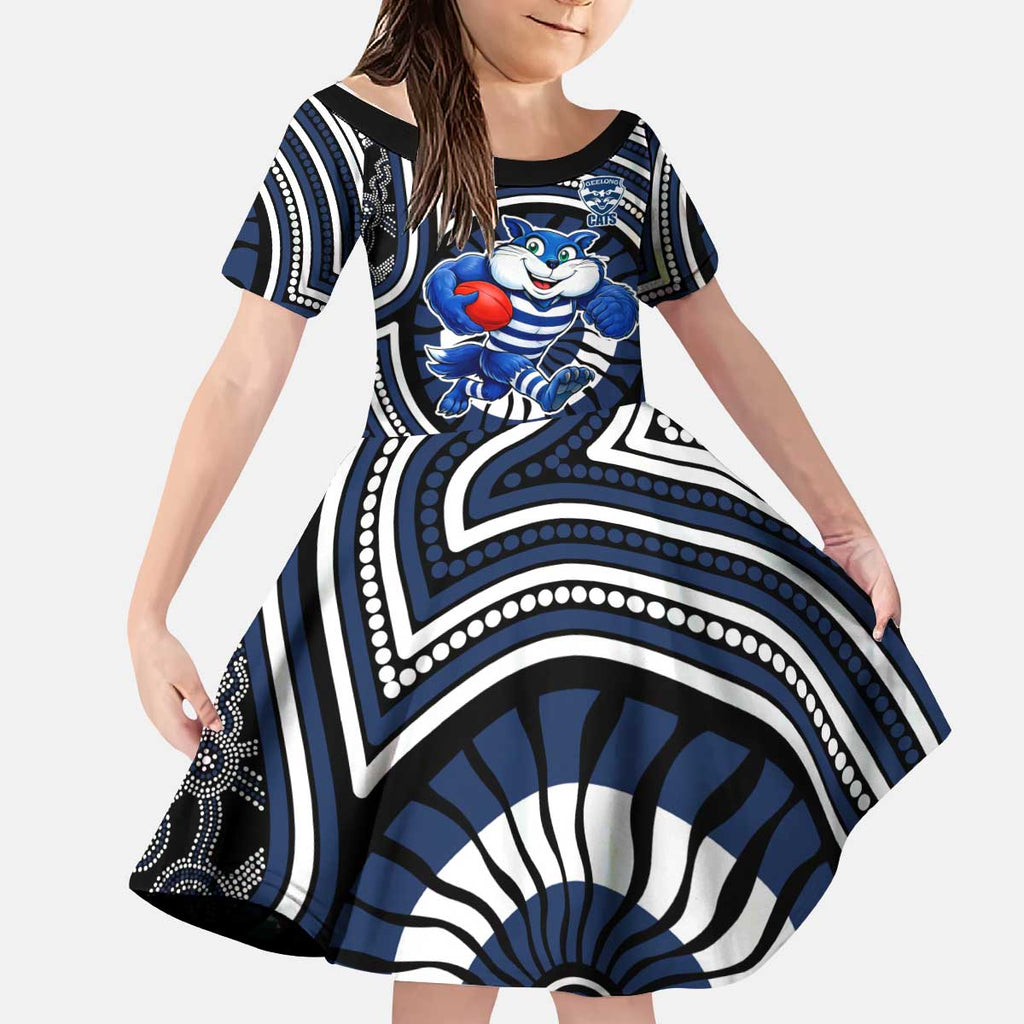 Geelong Cats Kid Short Sleeve Dress Indigenous Monochrome Dot Art Mascot Style
