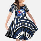 Geelong Cats Kid Short Sleeve Dress Indigenous Monochrome Dot Art Mascot Style