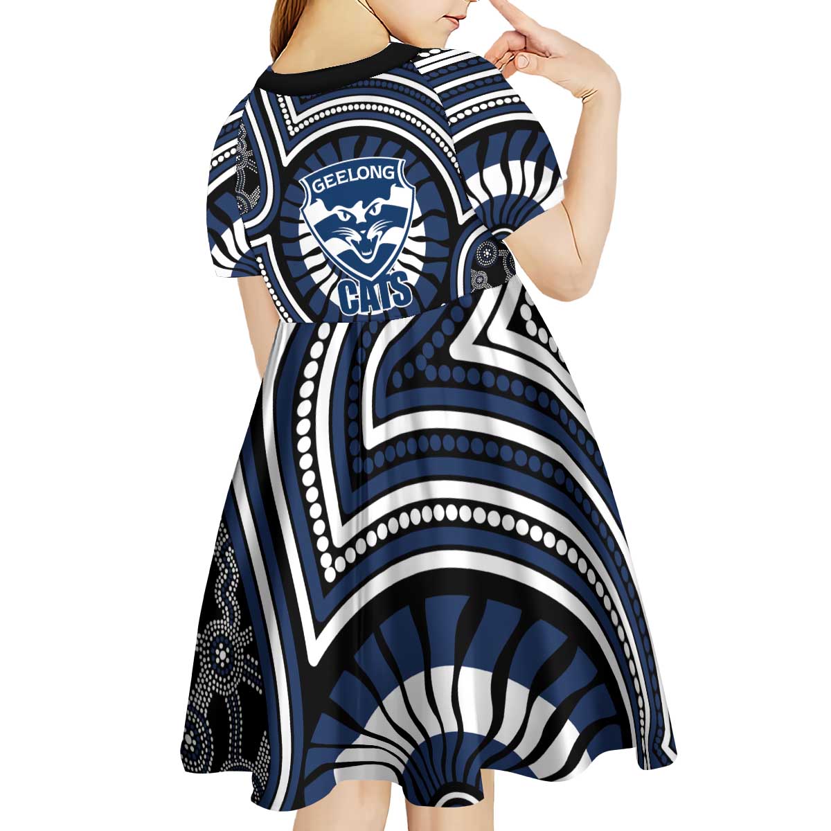 Geelong Cats Kid Short Sleeve Dress Indigenous Monochrome Dot Art Mascot Style