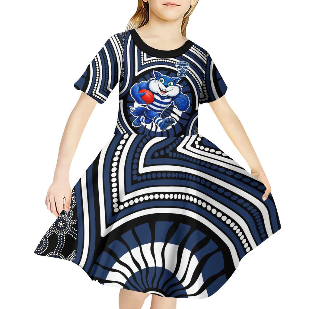 Geelong Cats Kid Short Sleeve Dress Indigenous Monochrome Dot Art Mascot Style