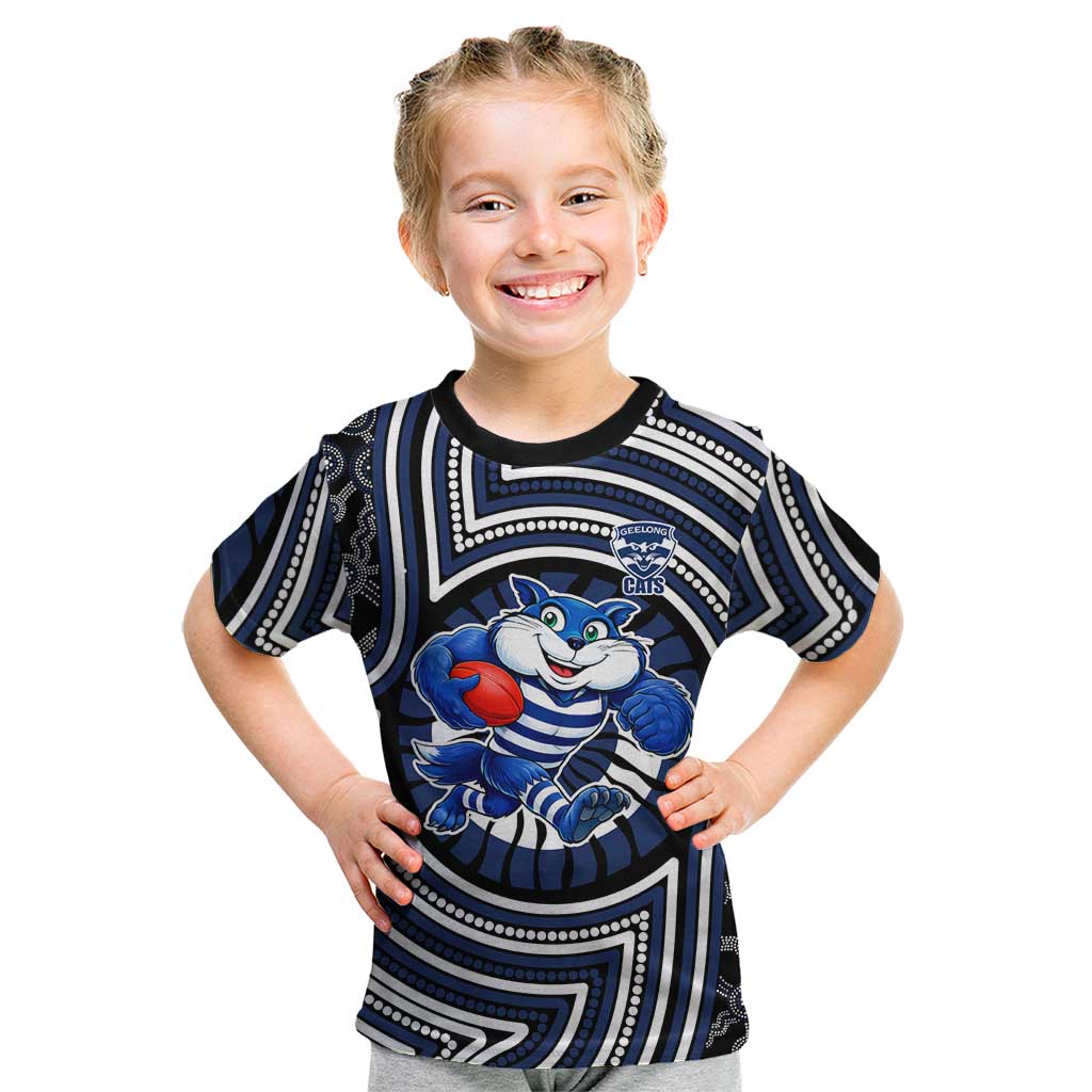 Geelong Cats Kid T Shirt Indigenous Monochrome Dot Art Mascot Style