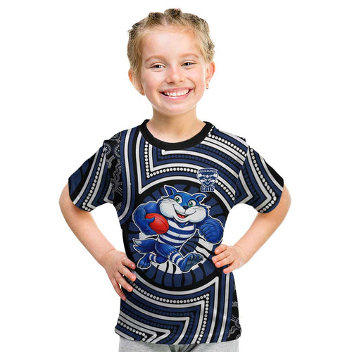 Geelong Cats Kid T Shirt Indigenous Monochrome Dot Art Mascot Style