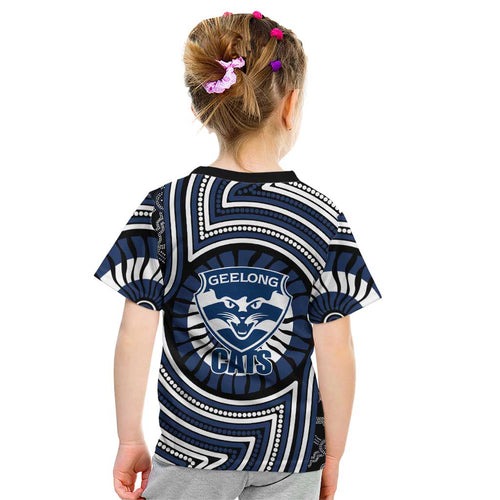 Geelong Cats Kid T Shirt Indigenous Monochrome Dot Art Mascot Style
